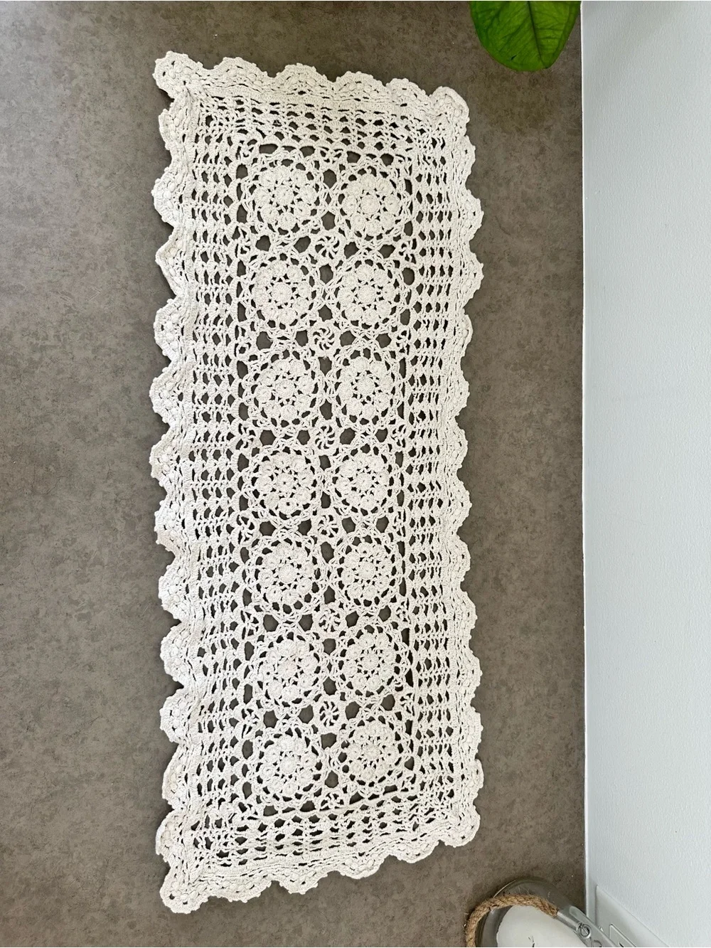 Handmade Cotton Crochet Table Runner in White Cream Elegant Dining Accent 28.5”